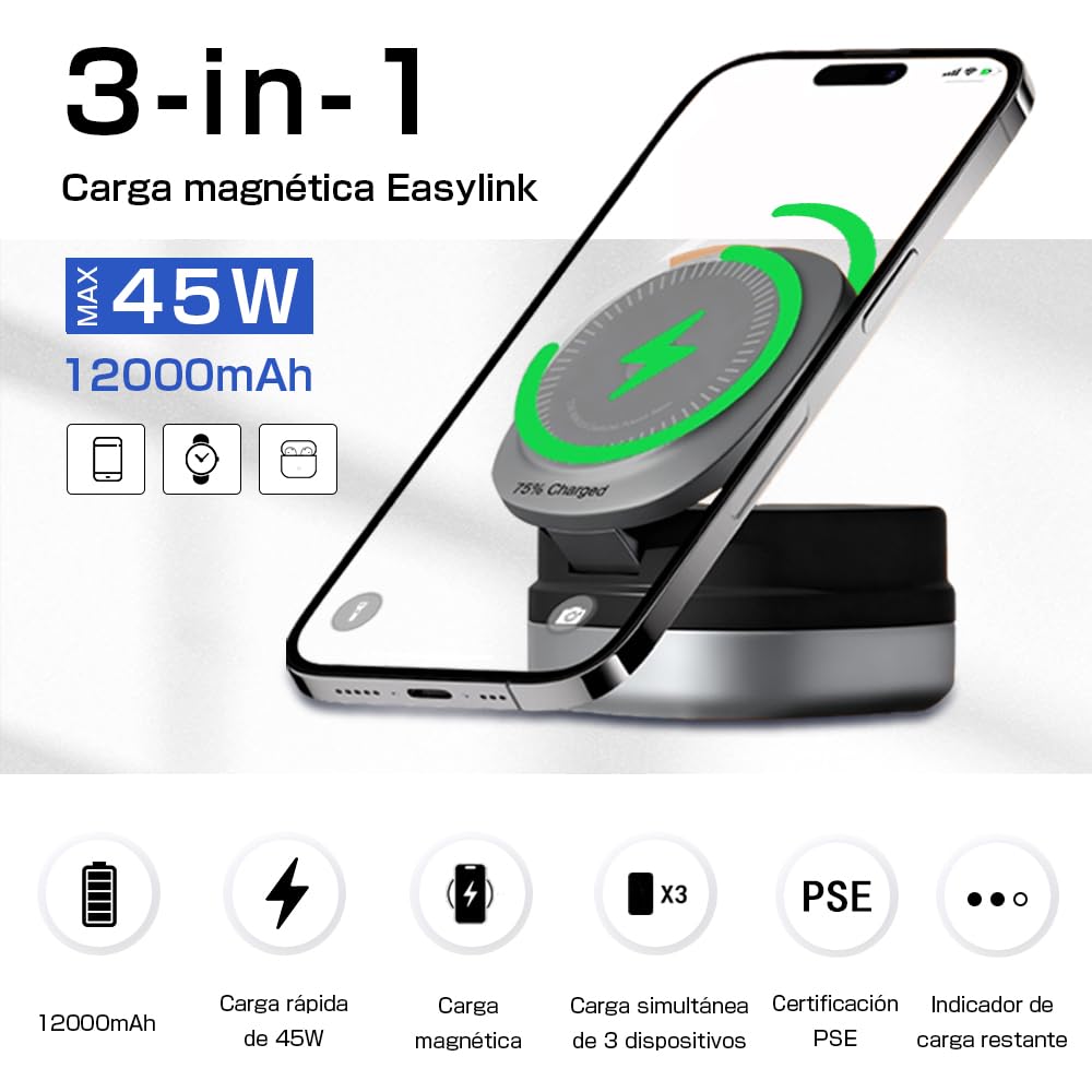 Batería Todo en Uno con Carga Magnética Inalámbrica 12000mAh | Triple Cable Extensible Integrado | Carga Rápida 45W PD para PC | Compatible con Apple Watch y Dispositivos Magnéticos（Plata）