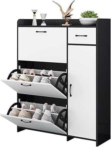 Bvewg 14 pares de armario de almacenamiento de zapatos oculto con puertas estante de zapatos de 3 niveles para entrada estante alto con cajón para