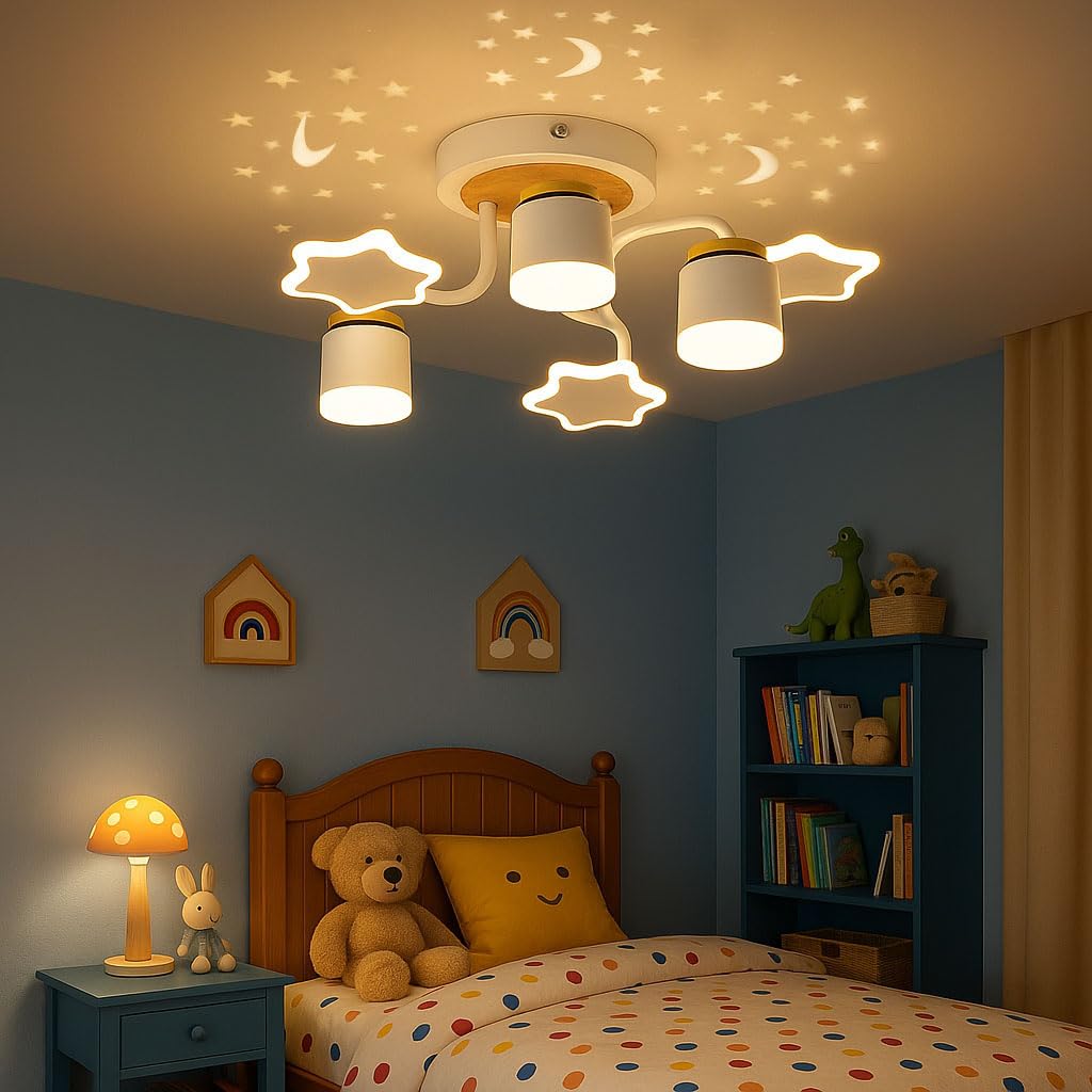 Deckenleuchte Kinderzimmer mit Sternenhimmel Projektor, LED Deckenlampe Dimmbar mit Fernbedienung, 24W 2400lm, Farbtemperatur Einstellbar 3000–6500K, Nachtlicht, Timer & Memory-Funktion