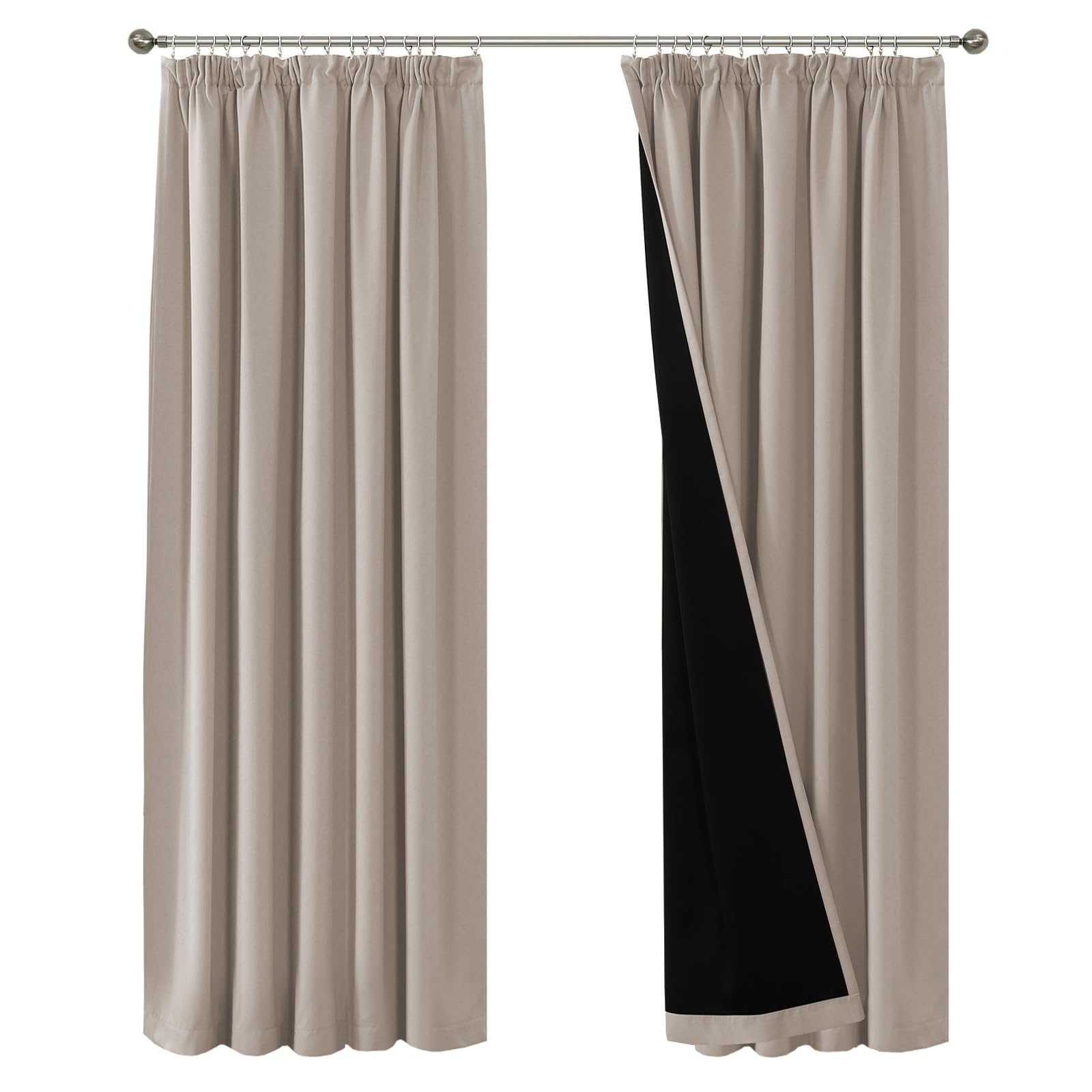 Bellahills Natural Sand 100% Blackout Curtains For Bedroom Thermal Insulated Curtains & Drapes Blackout Curtains Pencil Pleat Curtains For Living Room With Black Liner 2 Panels, 90 X 72 Inch,