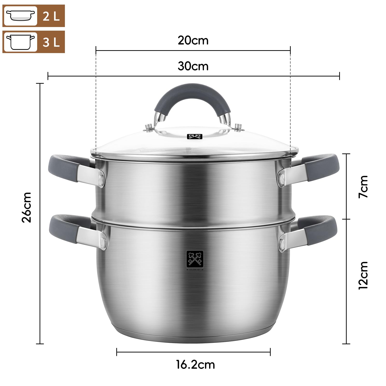 Olla de vapor con tapa de cristal de 20 cm, olla de vapor de acero inoxidable de 3 l, incluye cesta de vapor, inducción, vapor, vapor, olla de cuscús, apta para verduras, sopas, albóndigas, horno y