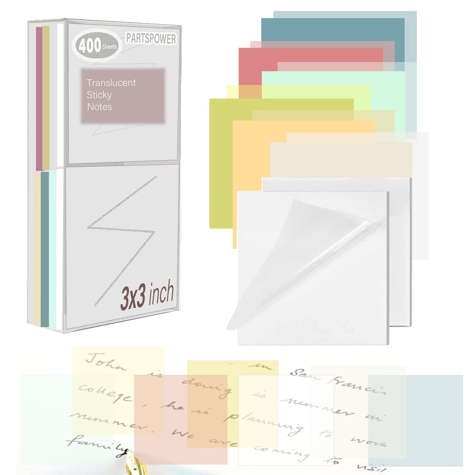 400 Sheets Morandi Transparent Sticky Notes, 3x3 inch See Through Sticky Notes, for Reading Writing Notes Book Markers, Office School Supplies, 50