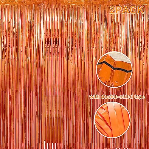 Image of 2 Pack 3.28 ft x 6.56 ft Orange Tinsel Curtain Party Backdrop Decorations, Metallic Foil Fringe Backdrop Door for Halloween, Christmas, Birthday Graduation Wedding Party Streamers Photo Backdrop.