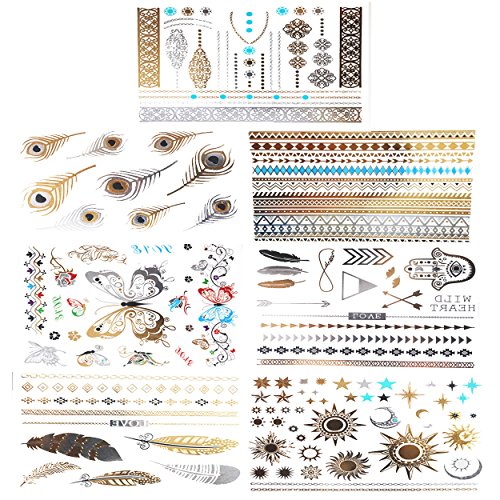 Metallic Temporary Tattoo - 80+ Premium Tattoos Wild Leather & Bracelet Design in Gold, Silver & Turquoise - 7 Sheets - Perfect for arm, wrist, neck & face - BEST OFFER ON AMAZON