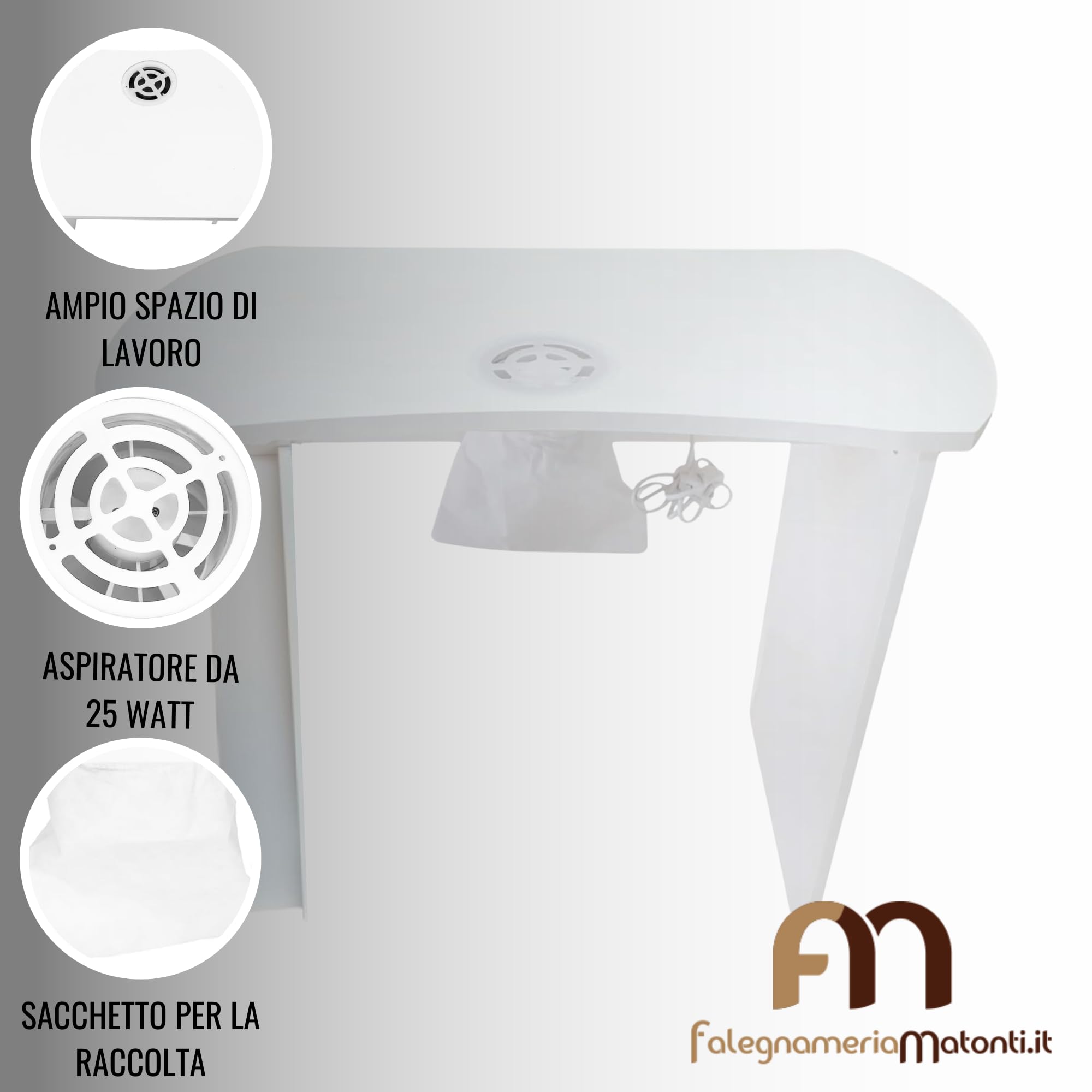 Falegnameria Matonti Tavolo Manicure Professionale con Aspiratore Elettrico 25W per Unghie, Nail Art, Polveri Made in Italy