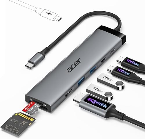 Acer 8 en 1 Hub USB C 10Gbps, Adaptador USBC a HDMI 4K@60Hz, 2×USB-C 3.2, 2×USB A 3.0 Transferencia de Datos, Puerto PD de 100W Tipo C Divisor