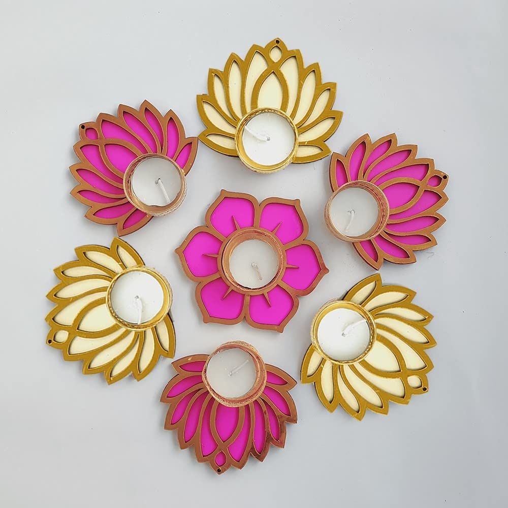 GIFT JAIPUR Handmade 7 Pc Pink & Cream Lotus Flower Diya Rangoli Smooth Scented Candles With Wax For Diwali Ganesh Chaturthi Laxmi Pooja Home Temple Rangoli Diya Floor Decoration
