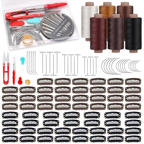 Yizzvb 60 Pcs 32mm Hair Extensions Clip, Hairpieces Snap Clips U Shape Wig Clips for Hair, 6 Rolls Hair Thread for Weave,Wig Thread Kit, Curved Needles for Wig Making Hair Extensions