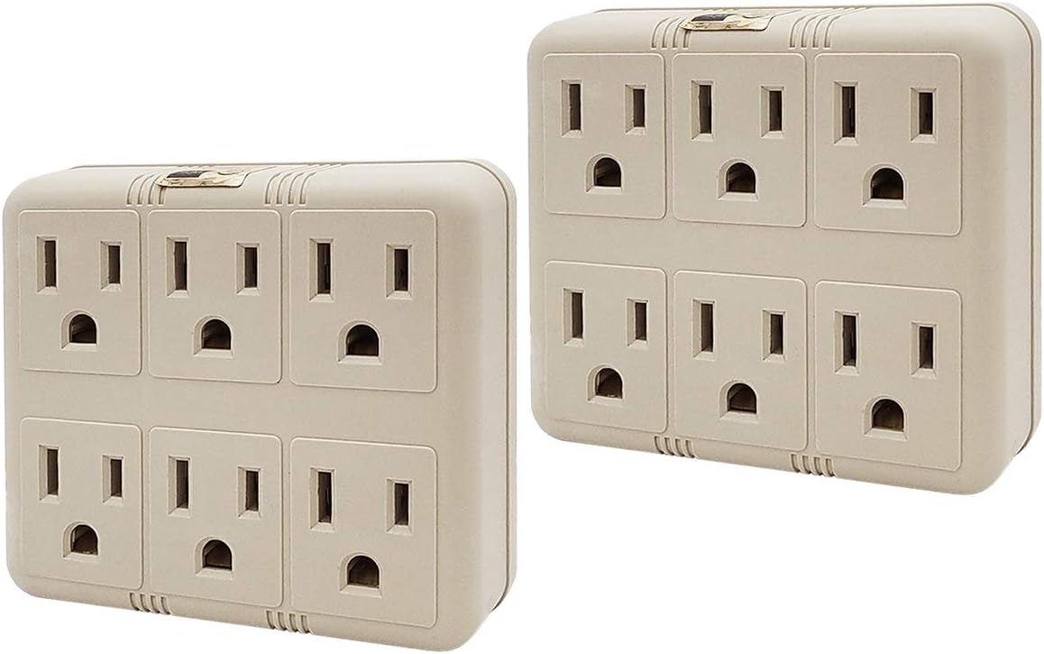 Uninex PS23U 6-Outlet AC Wall Tap Power Adapter, Grounded, UL Listed, 2-Pack