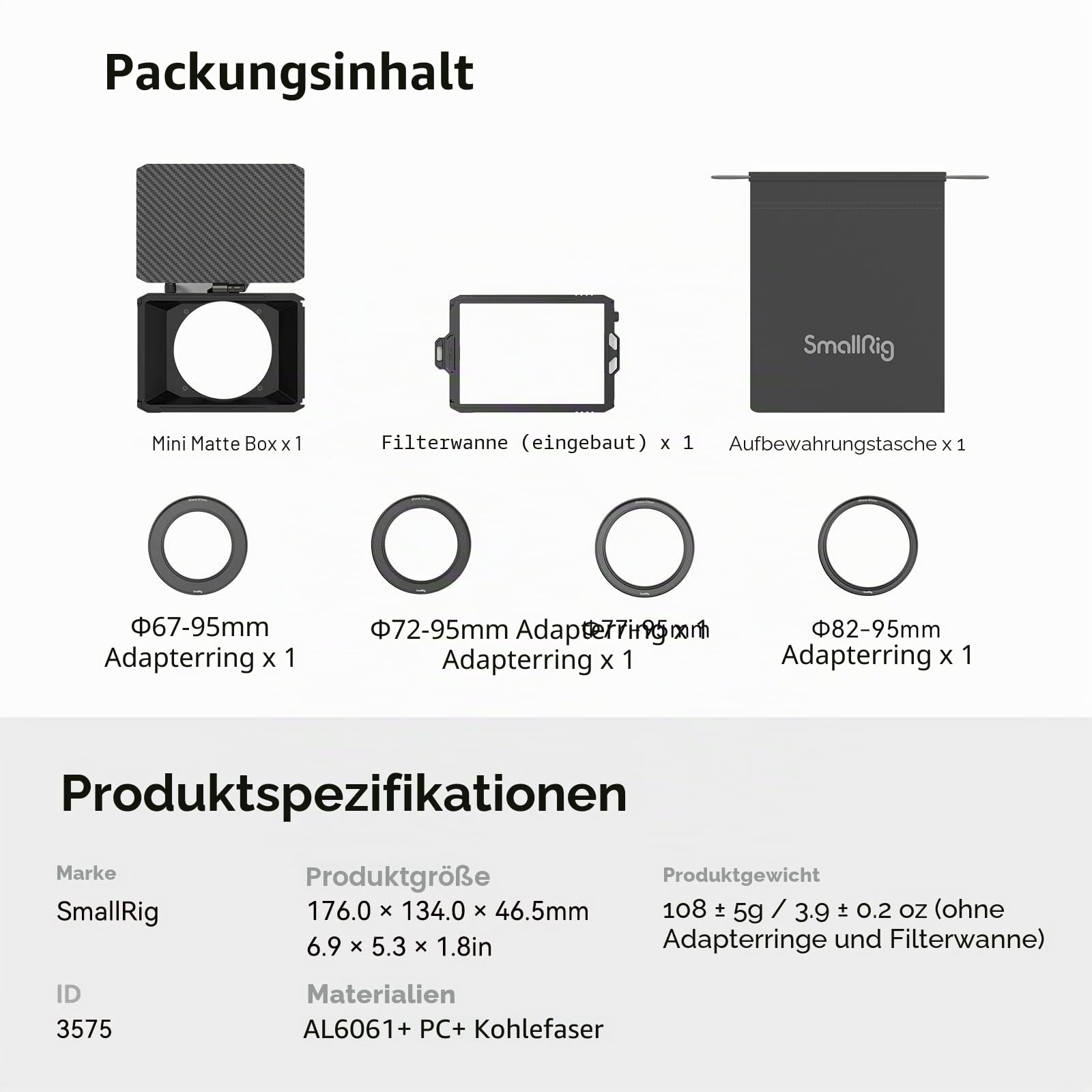 SMALLRIG Mini Matte Box Lite mit Top Flag für DSLRs und spiegellose Kameras, kompatibel mit 67mm/72mm/77mm/82mm/95mm Objektiven, kommt mit Filtereinsatz - 3575