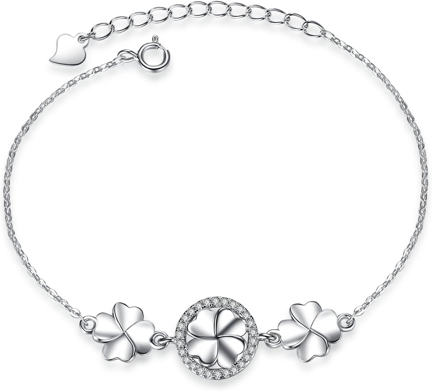 Sterling Silver Simple Crystal Good Luck Four Leaf Clover Link Chain Bracelet for Women