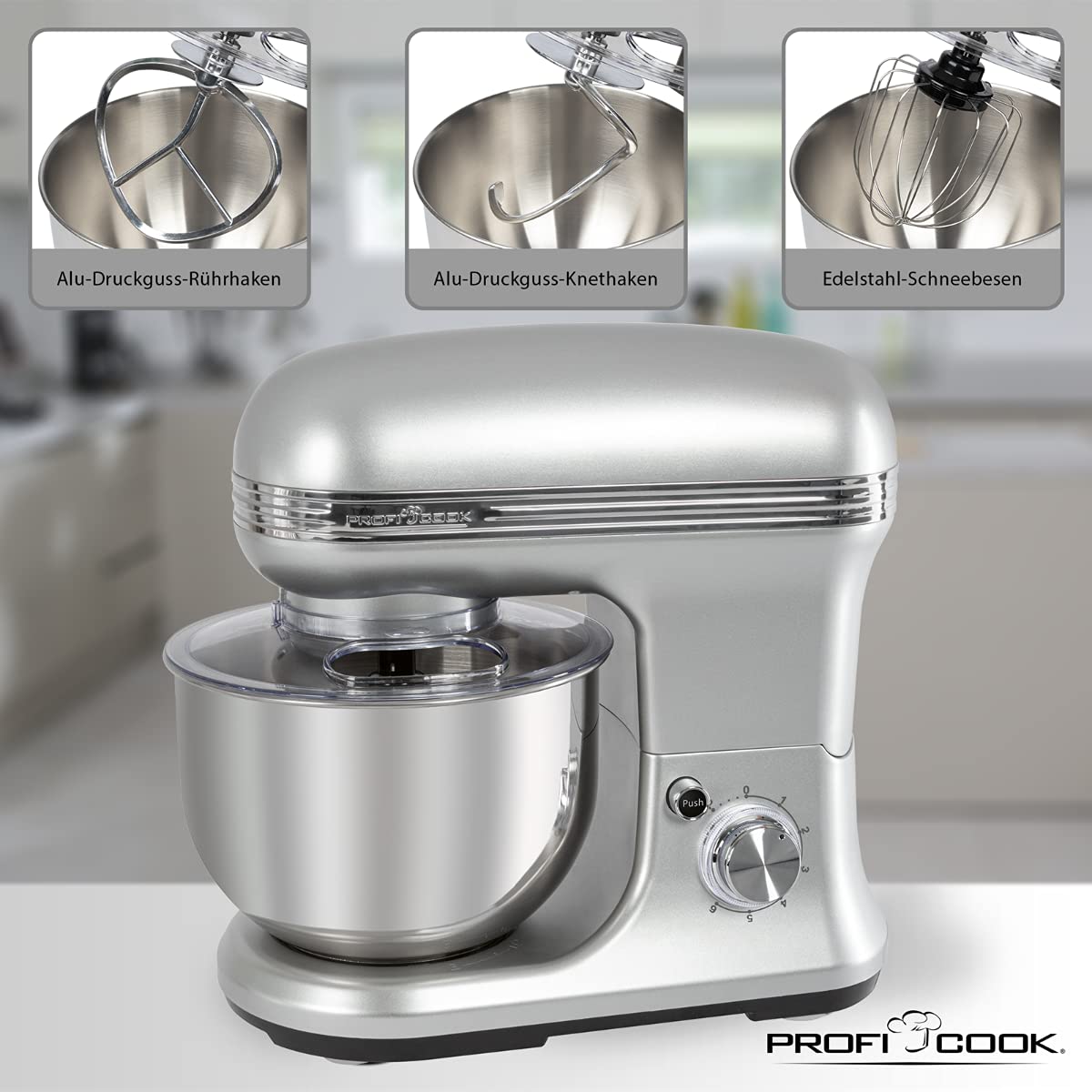 ProfiCook® Knetmaschinen-Set | Knetmaschine und Waage | Spezialgetriebe | 5 Liter | 8 Geschwindigkeitsstufen | 1200 Watt | Messbereich bis 5000 g (in 1 g-Schritten) | Edelstahl | PC-KM 1222 W