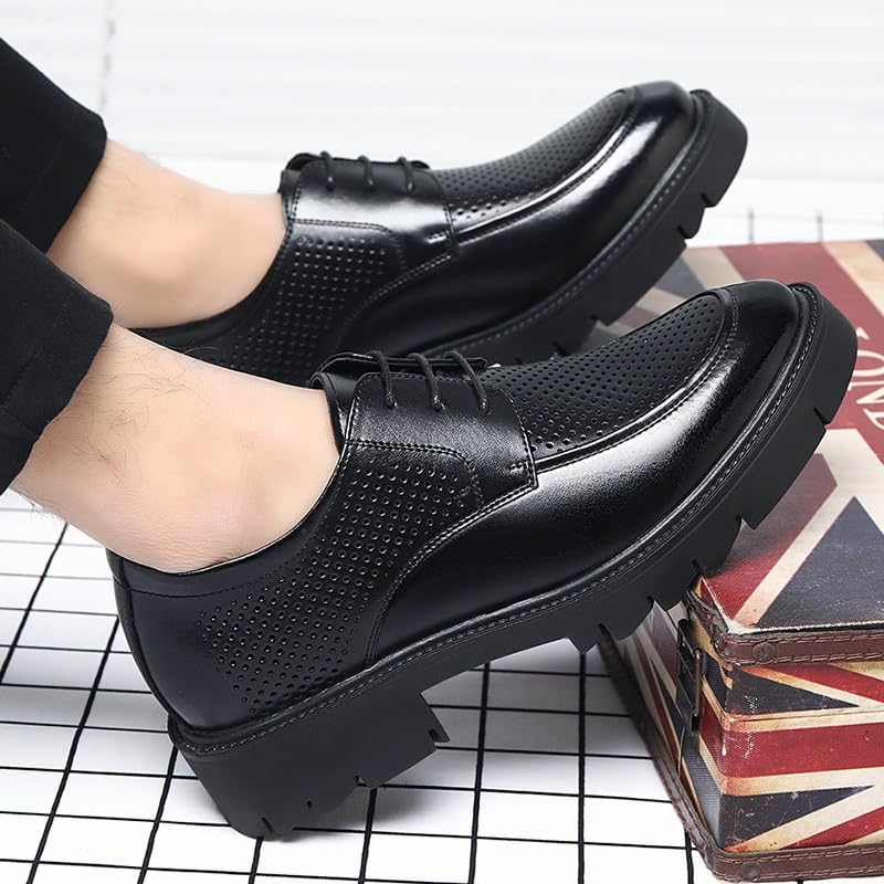 Men's Shiny Patent Leather Oxford Shoes Perforated Fashion Slip-On Round Anti-Slip Mid Chunky Heels Formal Dress Loafers Low Top Work Dress Shoes3