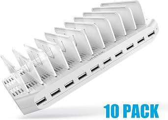 10PCS Unitek Multi Charging Station, 10-Port USB Charger for Multiple Device with SmartIC Tech and Adjustable Dividers, Organizer Stand Compatible with iPad, Tablet, Kindle, iPhone - 10PCS, White
