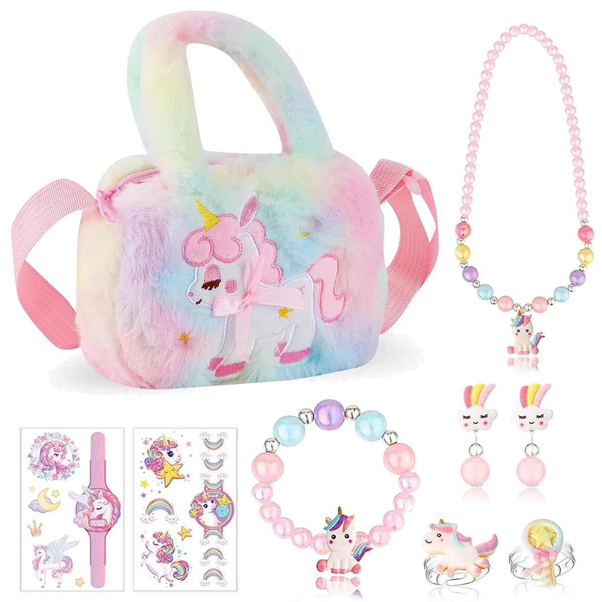 SANNIDHI® Unicorn Crossbody Bag with Jewelry Set for Girls, Princess Plush Handbag Purse Beads Necklace Bracelet Earrings Rings and Stickers Set