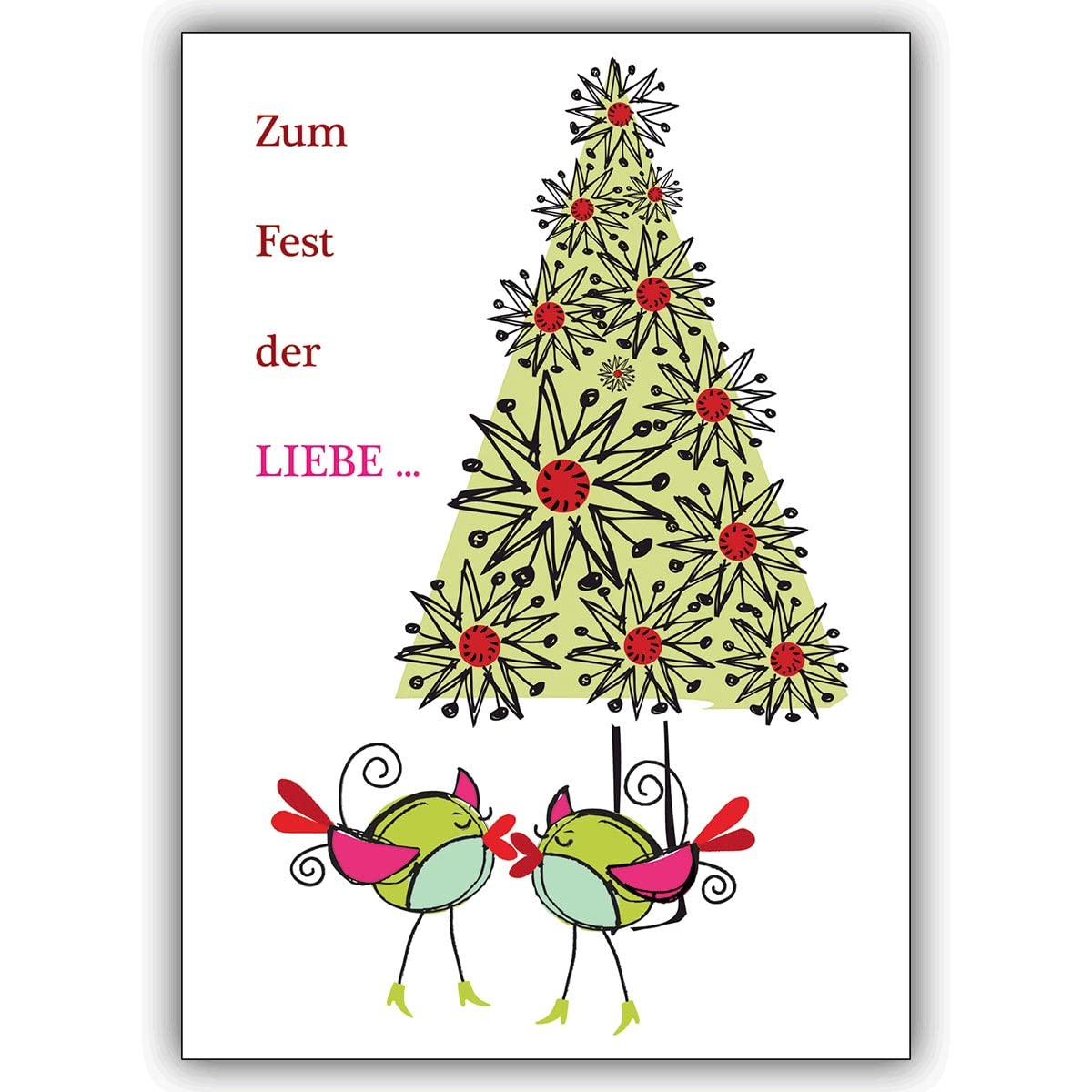 Kartenkaufrausch 20 Stück Set Moderne Weihnachtskarten mit Vogel Päarchen vor Weihnachtsbaum, innen blanko/weiß private oder geschäftliche für Familie, Kunden, Mitarbeiter: Zum Fest der LIEBE.