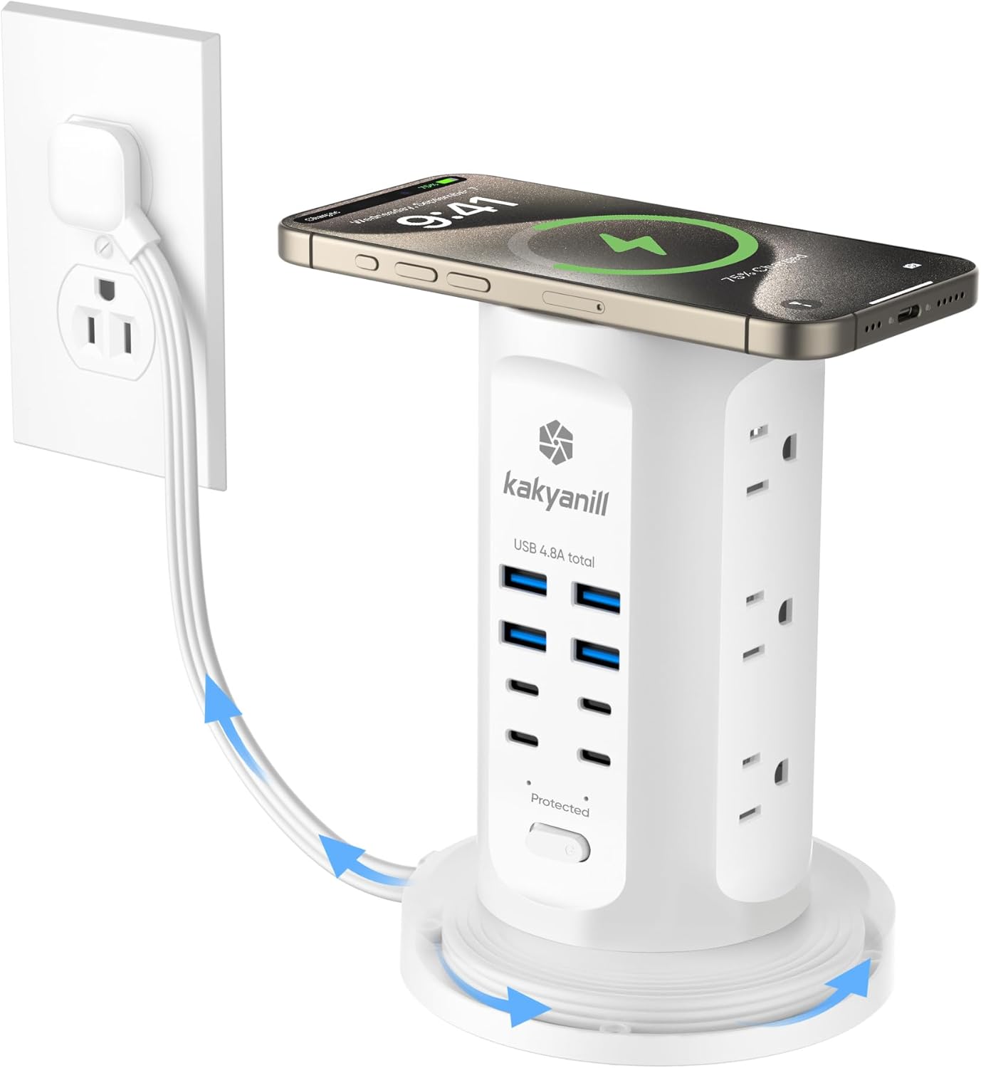 Power Strip Tower, kakyanill Surge Protector Tower 10 AC Outlets 8 USB (4 USB C), 6 Ft Retractable Extension Cord, Charging Station for Office Dorm Room, White