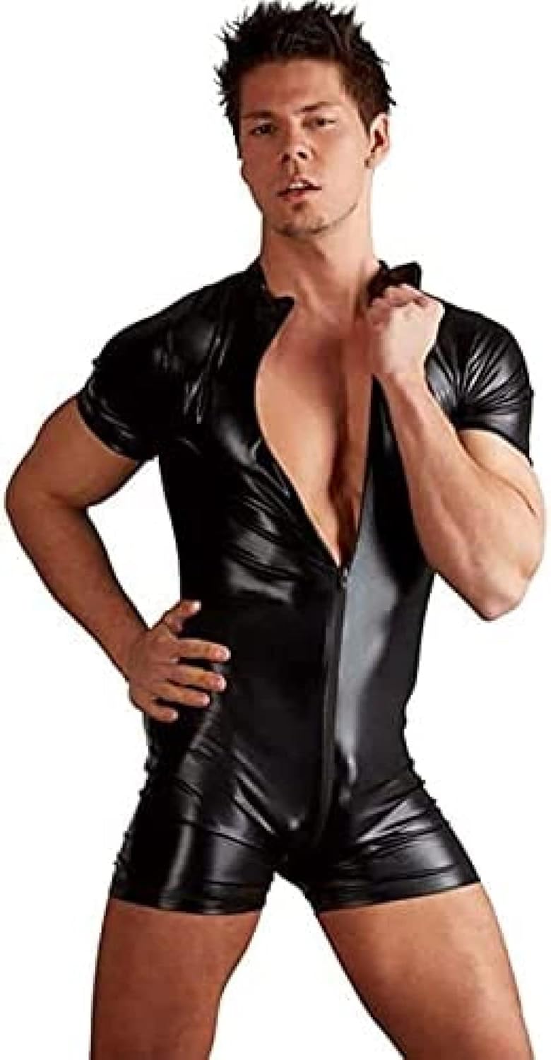 Men Wet Look Bodysuit Clothing Short Sleeve Patent Leather Catsuit,Black,X-Large