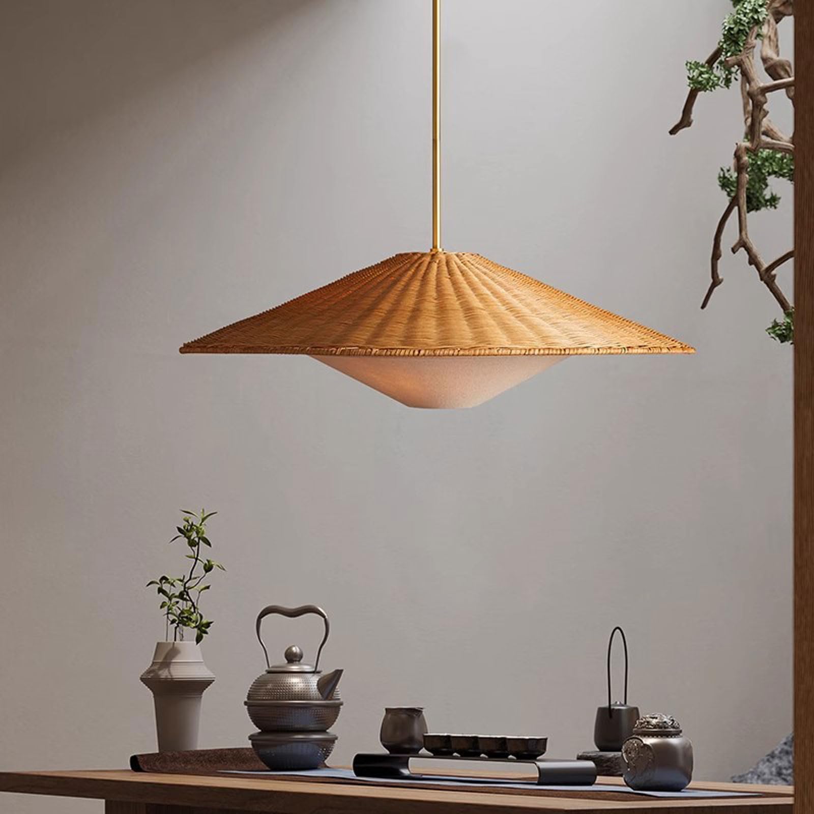 Lámpara de araña LED de ratán estilo retro campestre, pantalla de bambú, altura ajustable | Adecuada para comedor, dormitorio, estudio, cafetería, salón de té, hotel, luminaria