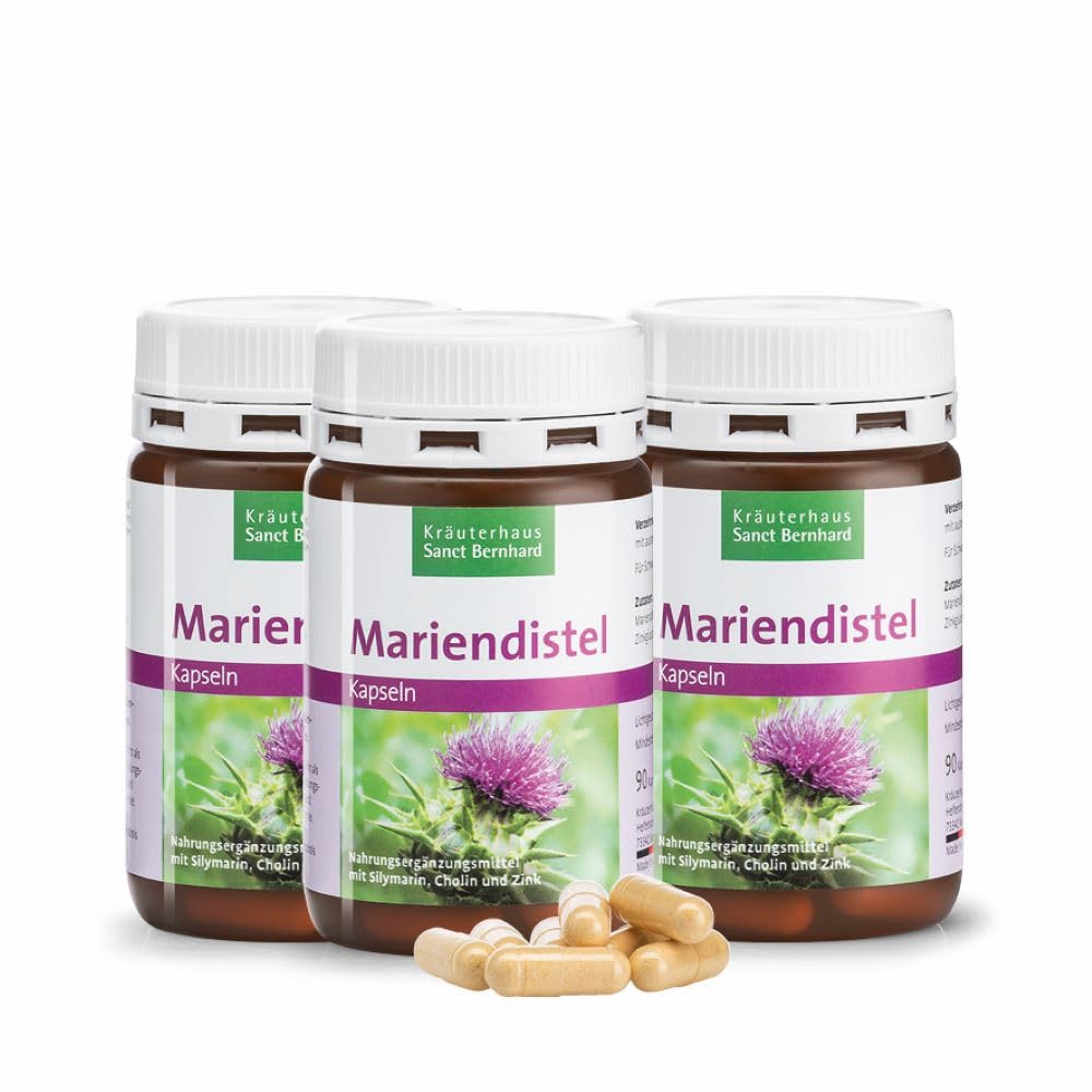Sanct Bernhard Mariendistel-Kapseln mit 200 mg Mariendistel-Trockenextrakt, mit Cholin & Zink - 3 x 90 Kapseln für 9 Monate