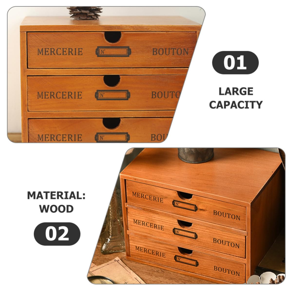 Toddmomy Organizzatore per Scrivania in Legno con 3 Cassetti, Grande Capacità, Facile da Pulire, Multiuso per Ufficio e Camera