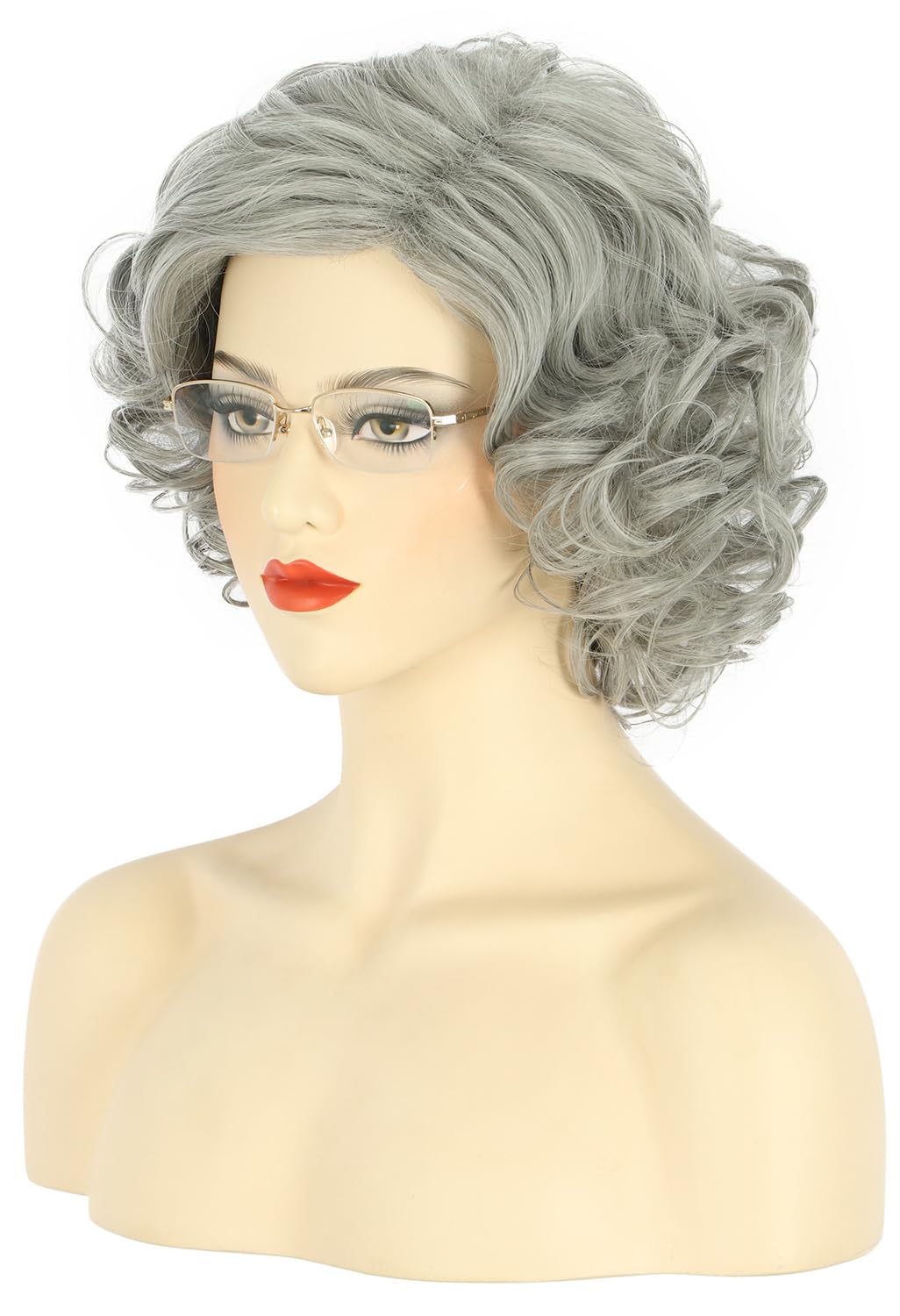 Karlery Old Lady Short Bob Curly Grey Wig Natural Looking Daily Halloween Cosplay Party Wig, Gray - Image 2