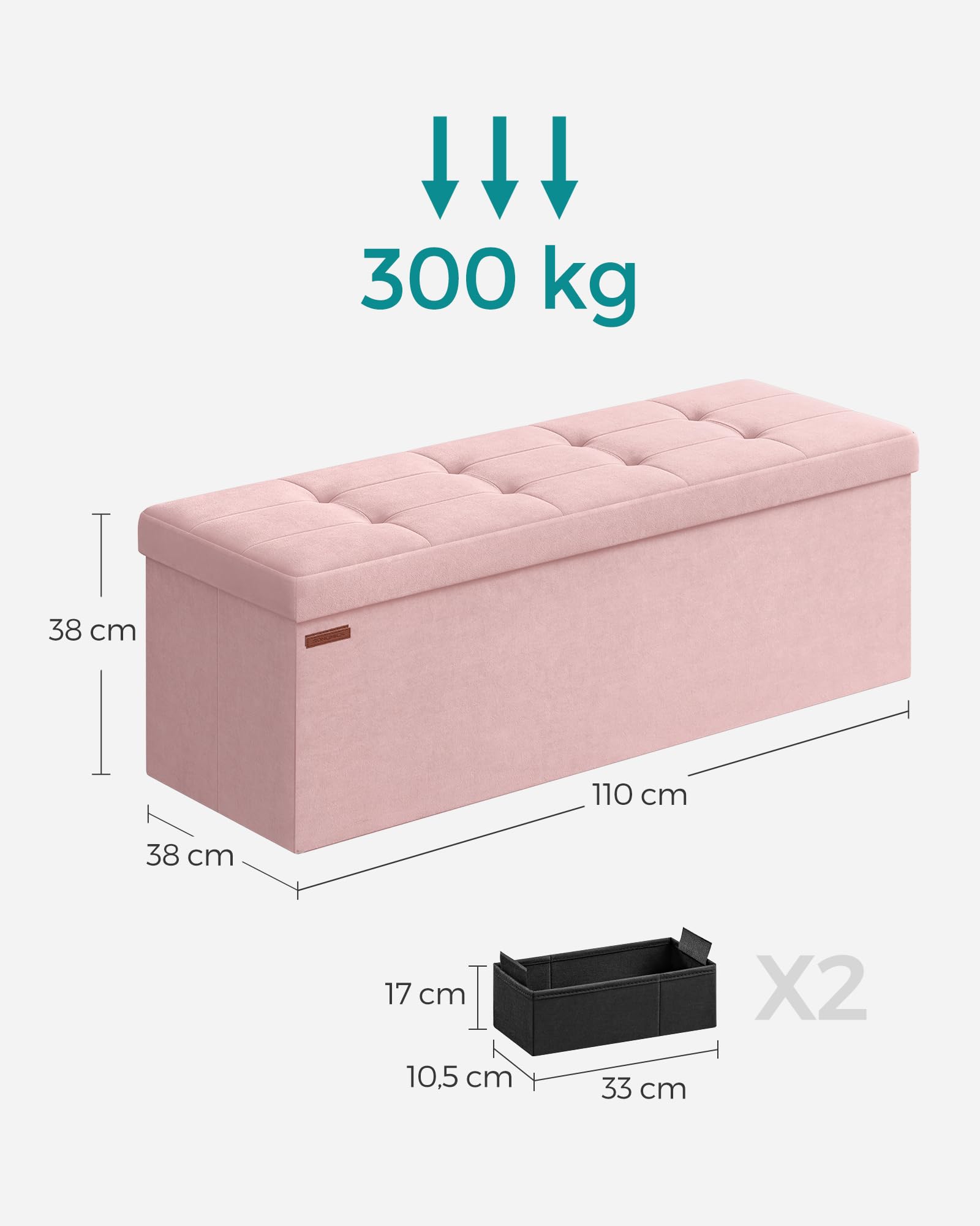SONGMICS Skrzynia do Przechowywania, Składany Podnóżek, 38 x 110 x 38 cm, Ottoman, Obciążenie 300 kg, Salonu, Sypialni, Wejścia, Pastelowy Róż LSF277R01
