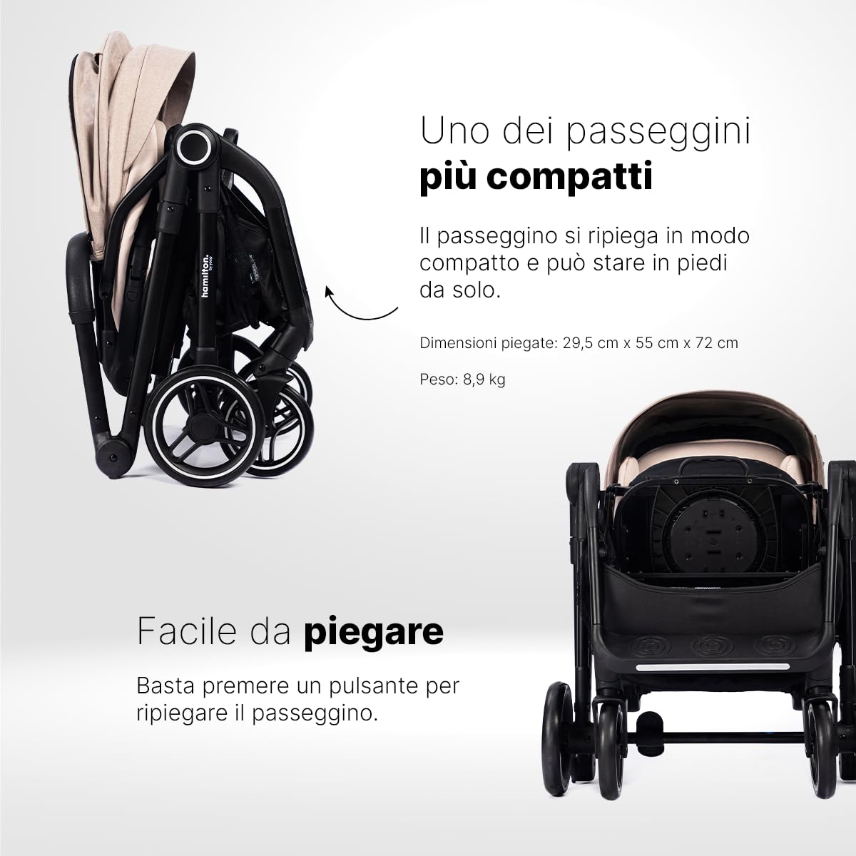 Hamilton by Yoop T1 Buggy - Seduta girevole a 360° - Tecnologia MagicFold™ - Pieghevole - Ruote riflettenti con sospensioni - Include borsa protettiva e portabicchieri - Passeggino regolabile - Cachi
