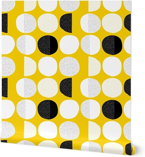 Spoonflower Peel & Stick Wallpaper Swatch - Moon Cycle Mod Yellow Abstract Circles Minimal Dots Scandi Retro Baby Custom Removable Wallpaper