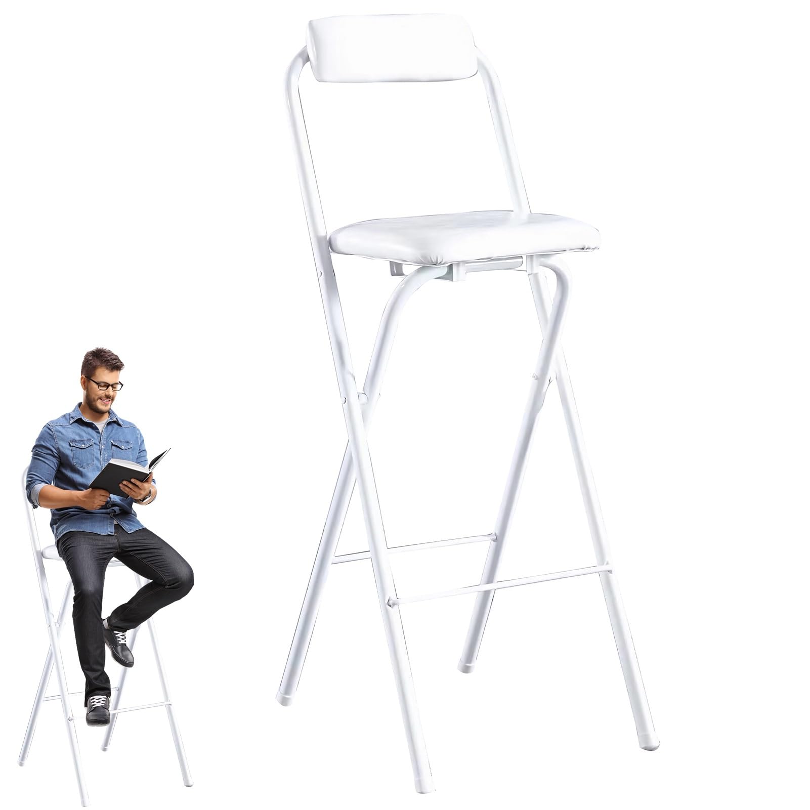 Silla Alto Plegable Acolchada Blanca para Desayuno Cocina,Taburete de Bar, Taburete Plegable de 65/70/75cm de Altura para Pub Cafetería, Comedor, Capacidad de Carga 300 Libras (Color : 1 PC, Size :