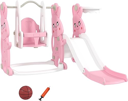Qaba Juego de tobogán y columpio 4 en 1 para niños de 1.5 a 4 años, parque infantil con temática de conejo con escalador, aro de canasta, para patio