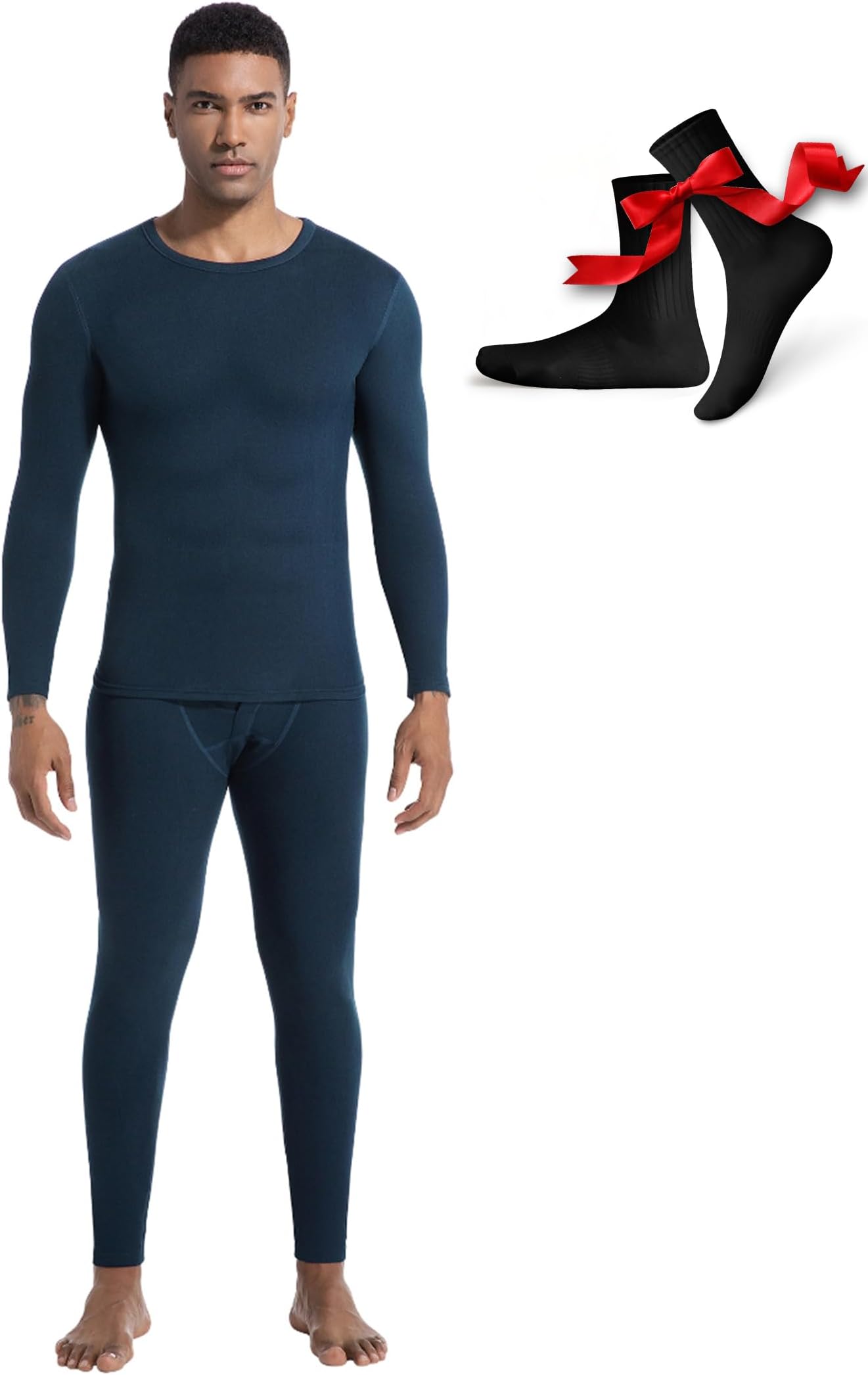 Warm Thermal Underwear Set Mens Base Layer Long Johns Winter Hunting Gear Bottom Leggings Top with Mens Crew Socks