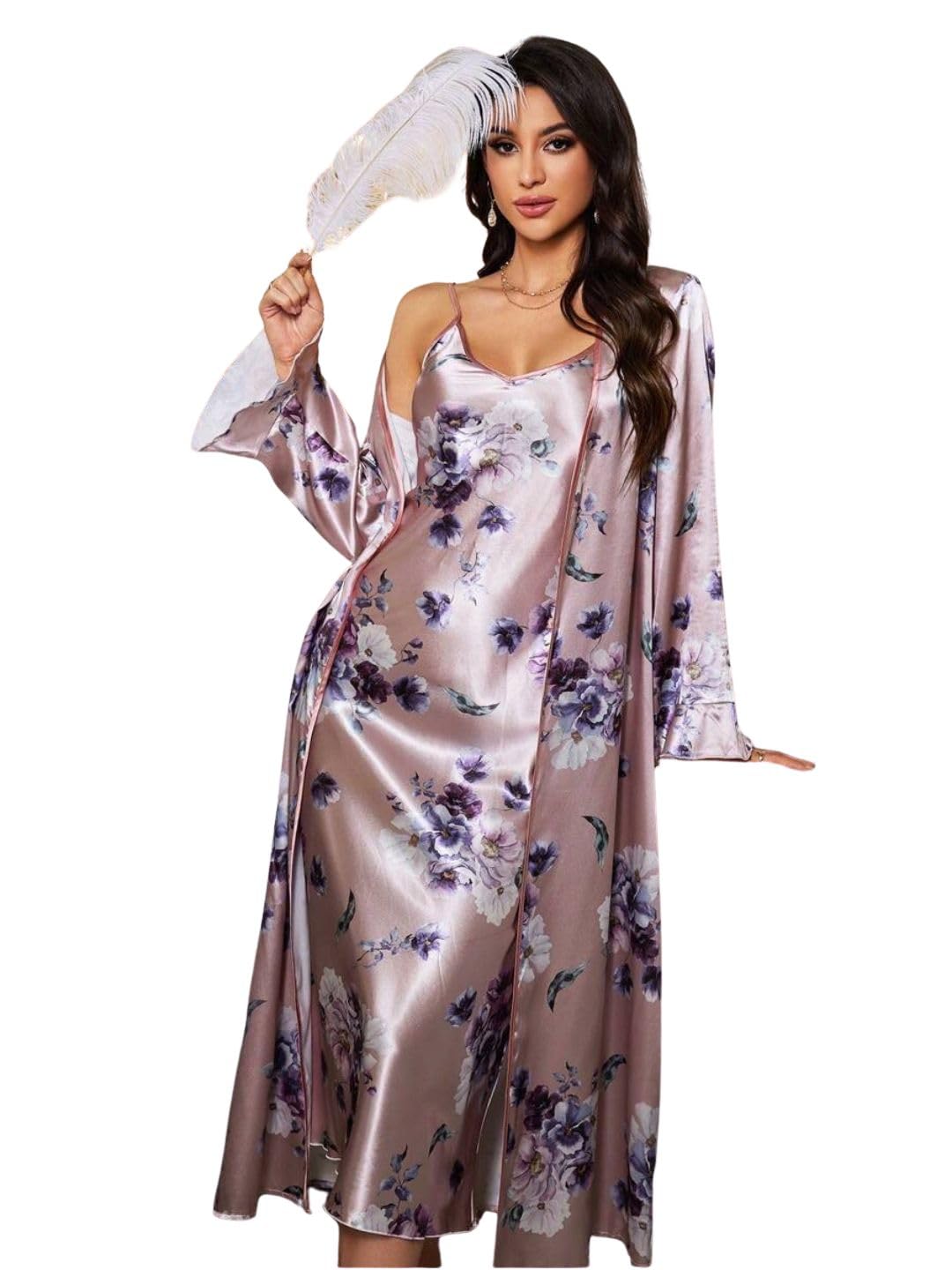 Luxury Floral Satin Nightwear Set for Women – Elegant Printed Long Nightdress with Matching Robe, Soft Silky Sleepwear Gown for Ladies, Premium Loungewear for Night & Relaxation-image-48