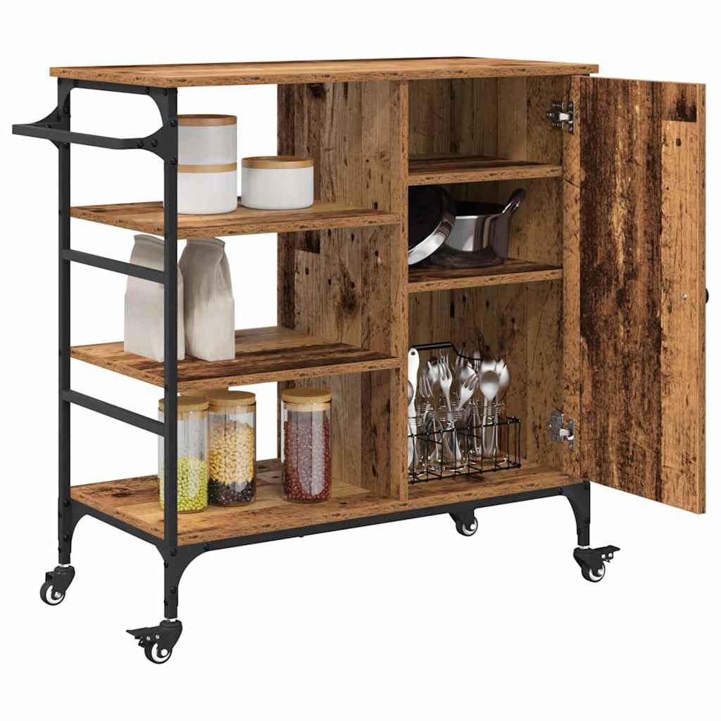 Carro de cocina de madera recuperada, 87,5 x 39 x 84,5 cm, carro de cocina con ruedas y frenos, carrito de servicio auxiliar con espacio de almacenamiento para cocina y zona de cocción