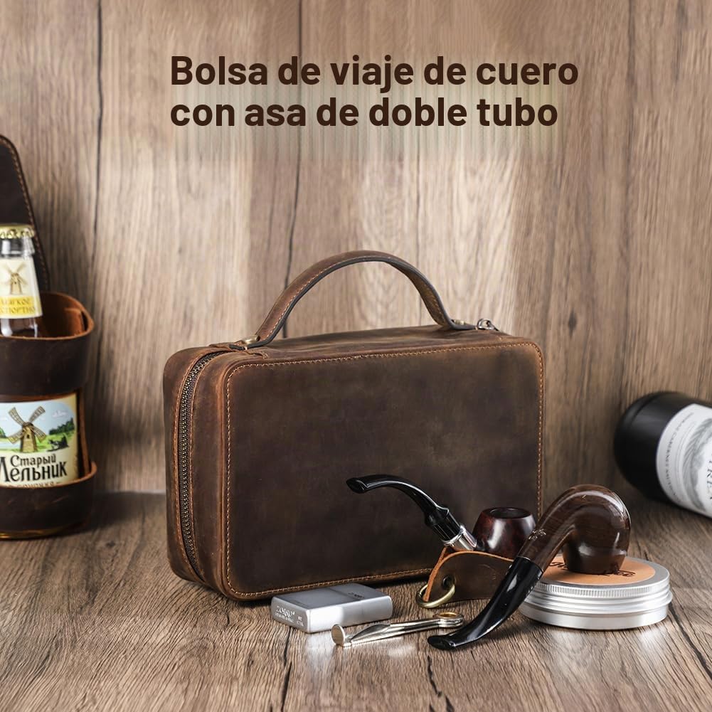 CONTACTS Bolsa de tabaco de cuero con soporte, funda de viaje con capacidad de 2 tubos, accesorios para pipas de fumar, organizador con correa de mano desmontable