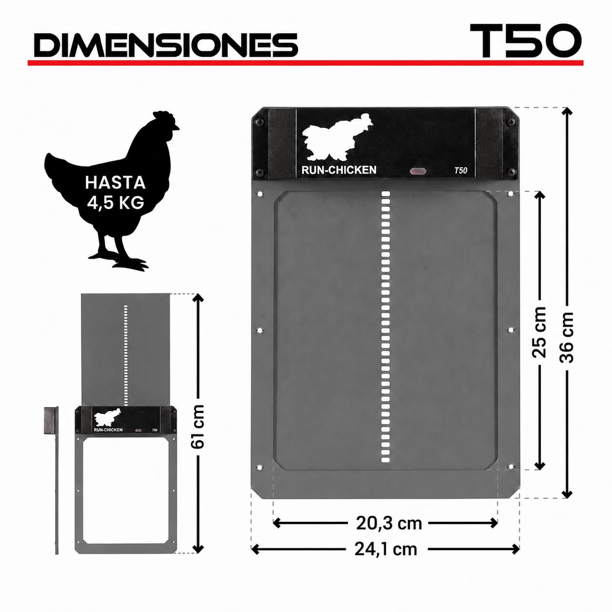 RUN‑CHICKEN Door T50 Gray – Puerta automática Gris para gallineros, Funciona con Pilas AA, Control por App, Sensor de luz, Temporizador con retardo y Aluminio Resistente para Exteriores