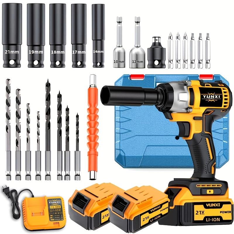 Image of cordless impact wrench drill kit, brushless electric impact gun drill, optional battery, toolbox, charger, socket and complete set of accessories (2 batteries+plastic box+luxury accessories)