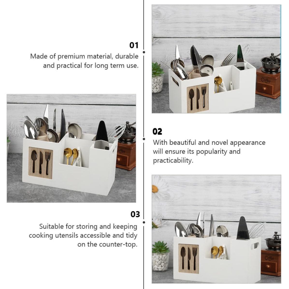 Angoily Boîte de Rangement pour Ustensiles Cuisine en Bois Blanc, Résistante aux Rayures, pour Organiser Couverts et Garder Ustensiles Accessibles Cuisine