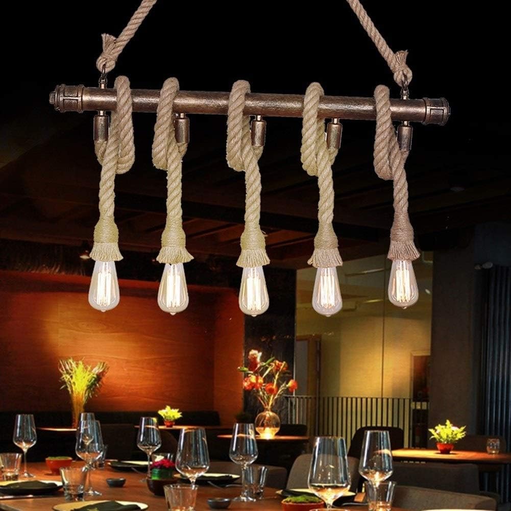 Chandeliers,Vintage Wrought Iron Craft Hose Chandelier Restaurant/Bar/Cafe Linen Rope Decorative Lamp Rectangular Ceiling Lamp
