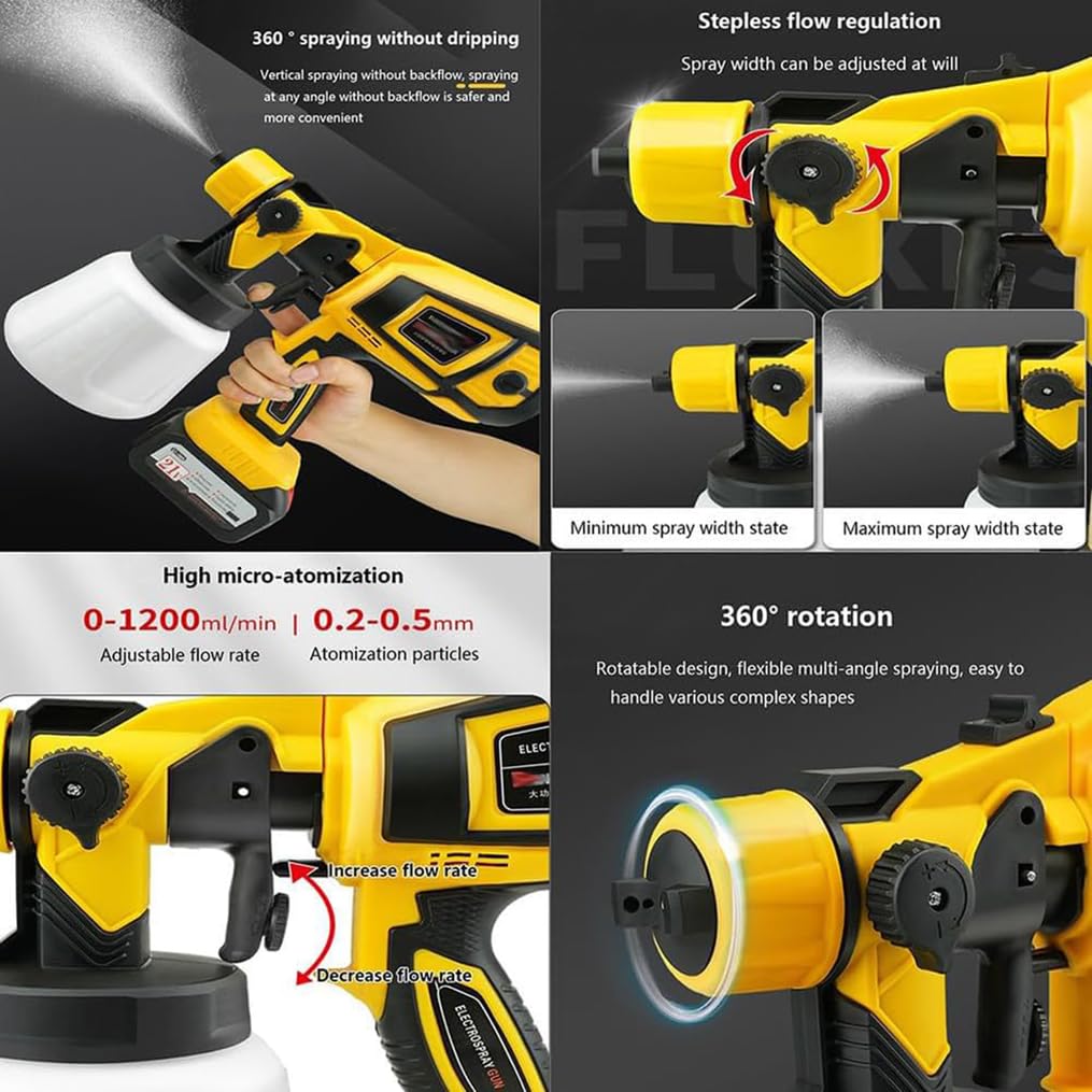 Przenośny bezprzewodowy bezpowietrzny pistolet natryskowy 2250 psi, ręczny wysokociśnieniowy pistolet natryskowy z 6 prędkościami, zbiornik 1,2 l, do mebli, ogrodzenia, renowacji domu