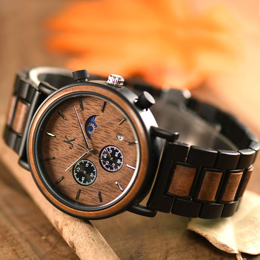 Kim Johanson Orologio da polso da uomo in legno e acciaio inox, Military, marrone scuro, cronografo con display sole e luna, realizzato a mano, orologio analogico al quarzo, con confezione regalo