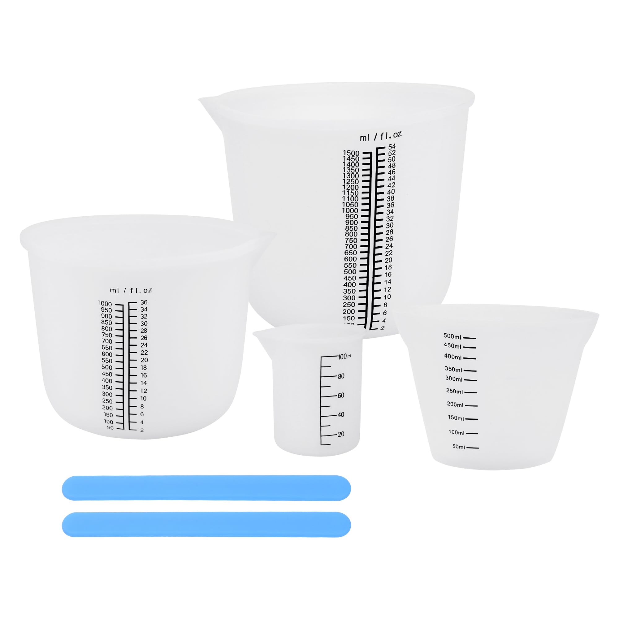 Lot de gobelets doseurs en silicone pour résine époxy, 1500 ml/1000 ml/500 ml/1000 ml, verre doseur en silicone, facile à nettoyer