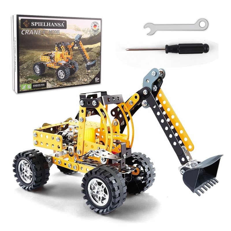 Spielhansa Kinder-Mint 256 teiliges Metallbaukasten Kran Bulldozer Lernspielzeug Geburtstagsgeschenke Kinder Bausatz für Jungen im Alter 8 9 10 11 12 13 14 15