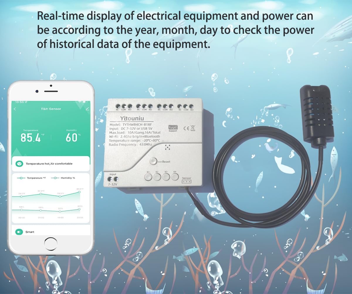 Tuya Capteur de Température et d'Humidité Intelligent WiFi 4 Canaux 7-32 V Contact Sec Contrôle à Distance Contrôle Vocal Alexa Google Home Scène Intelligente Thermostat