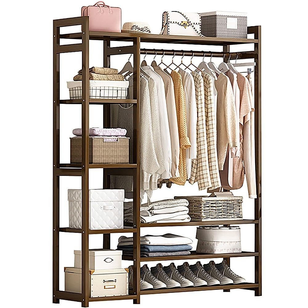 XDLEDMKIZ Bamboo Coat Rack with Storage Shelves and Garment Hanger Freestanding Clothes Stand for Bedroom and Entryway
