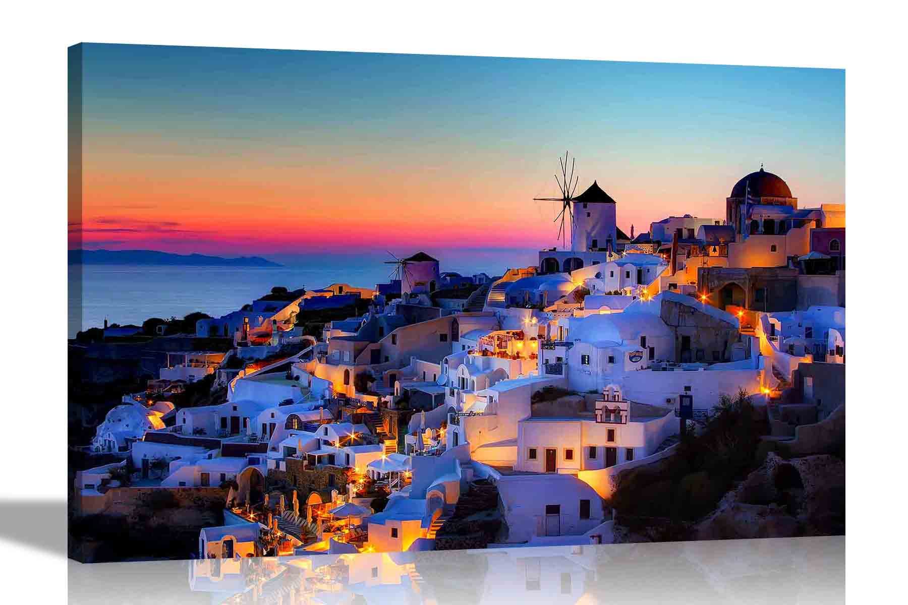 Artley Prints Multicoloured Santorini Island Greece Canvas Print City Pictures Wall Art Stretched And Framed Cityscape Artwork Home Living Room Office Hanging Art 51 X 35Cm (20 X 14 Inches)