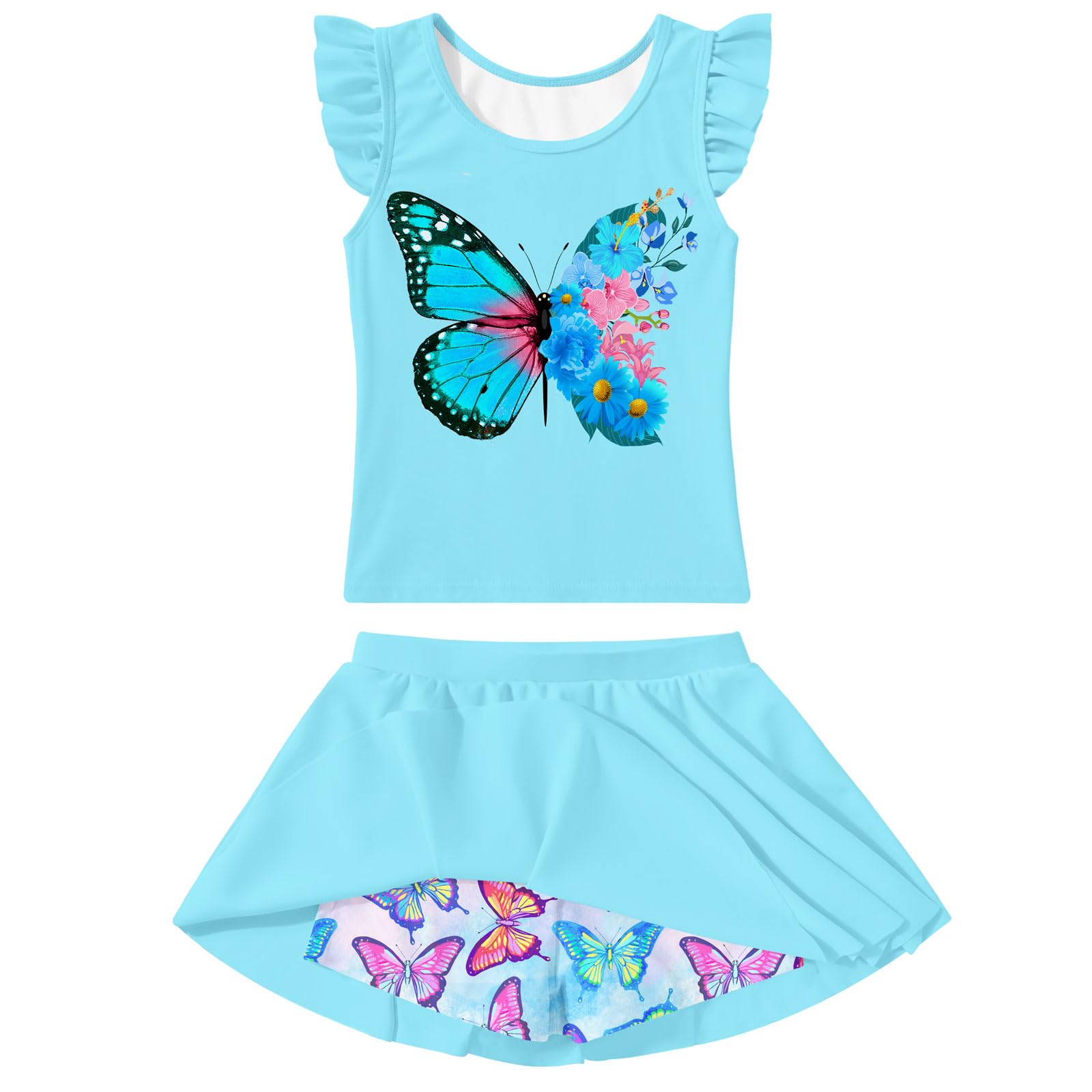 Girls Swimsuit 2 Piece Ruffle Bathing Suit UPF 50+ Tankini Swimsuit Skirt with Lining Size 3-10
