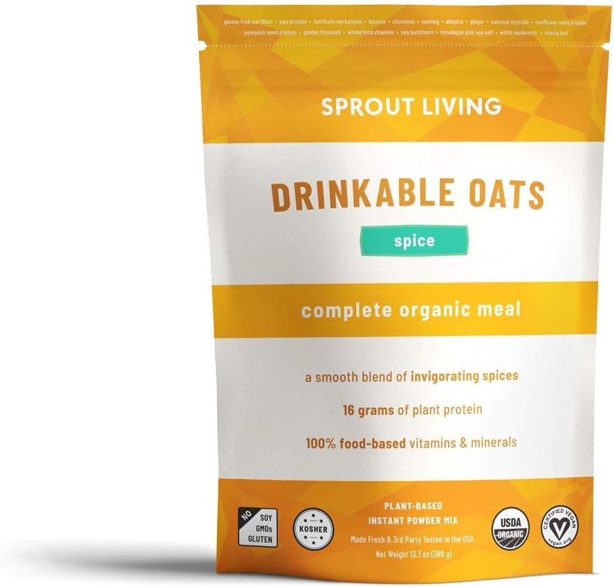 Sprout Living Equivalent Drinkable Oats, Spice (Chai) Flavor, Vegan Organic Meal Replacement with Food Vitamins, 16 Grams Plant Protein, No Additives, Gluten Free (388 Grams, 8 Servings)