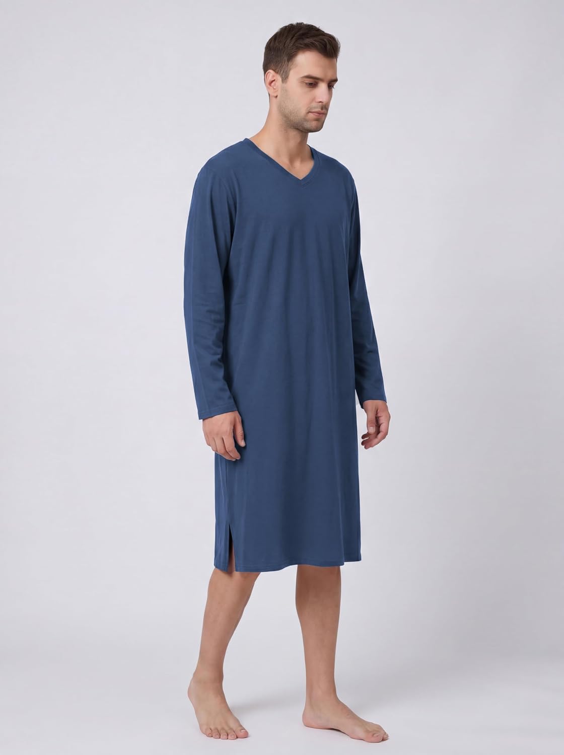 Latuza Men's Cotton Nightshirt Long Sleeve Sleeping Shirt V Neck