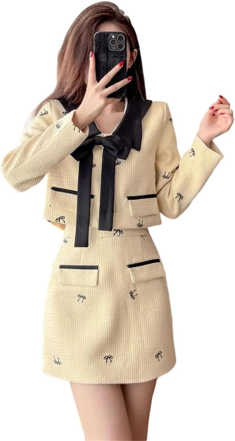 Women Tweed Two Piece Set Bow Detail Jacket Mini Skirt Outfit